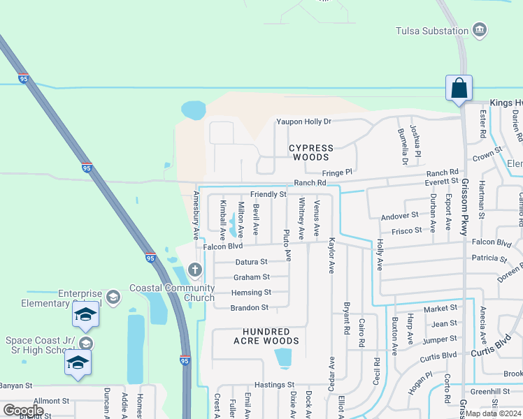 map of restaurants, bars, coffee shops, grocery stores, and more near 7220 Bevil Avenue in Cocoa