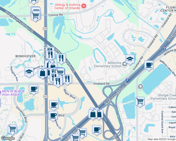 map of restaurants, bars, coffee shops, grocery stores, and more near 5029 Southlawn Avenue in Orlando