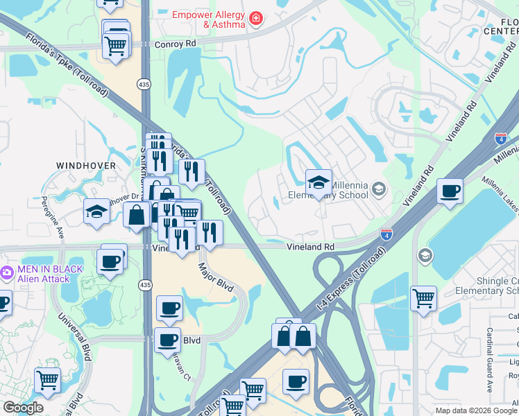map of restaurants, bars, coffee shops, grocery stores, and more near 5029 Southlawn Avenue in Orlando