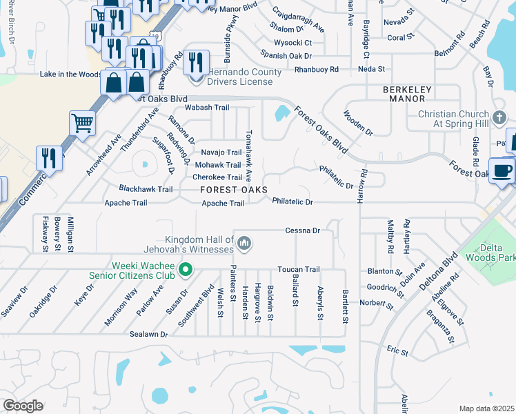 map of restaurants, bars, coffee shops, grocery stores, and more near 8000 Apache Trail in Spring Hill
