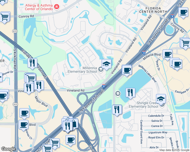 map of restaurants, bars, coffee shops, grocery stores, and more near 5307 Creekside Park Avenue in Orlando