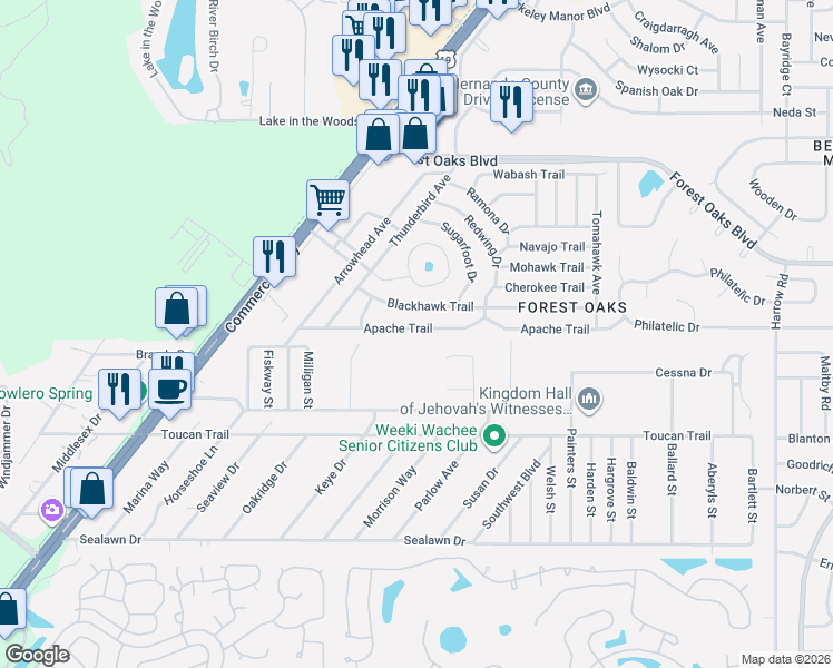 map of restaurants, bars, coffee shops, grocery stores, and more near 7296 Apache Trail in Spring Hill