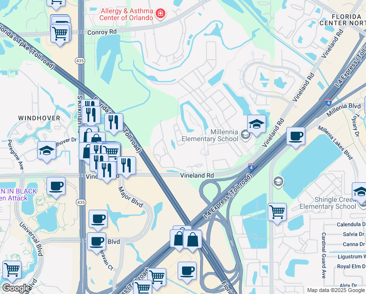map of restaurants, bars, coffee shops, grocery stores, and more near 4993 Southlawn Avenue in Orlando