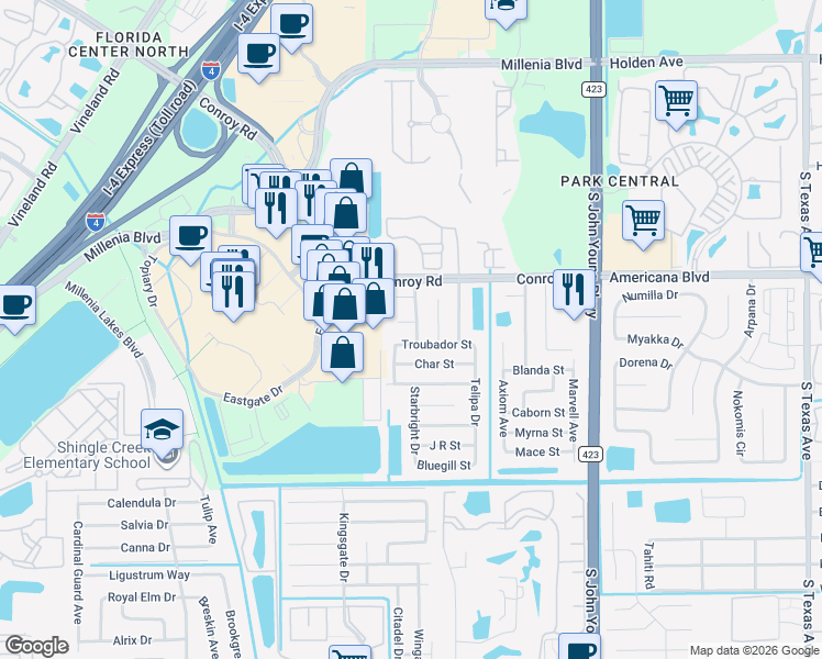 map of restaurants, bars, coffee shops, grocery stores, and more near 2604 Brim Court in Orlando