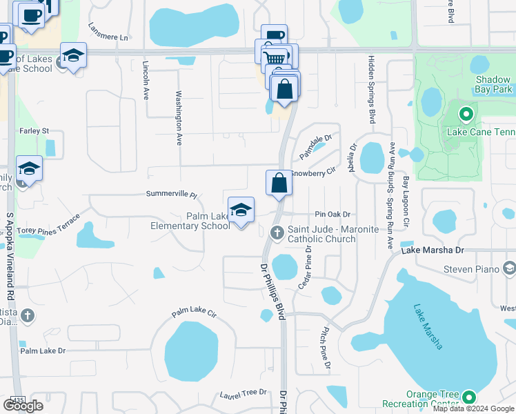 map of restaurants, bars, coffee shops, grocery stores, and more near 8015 Pin Oak Drive in Orlando
