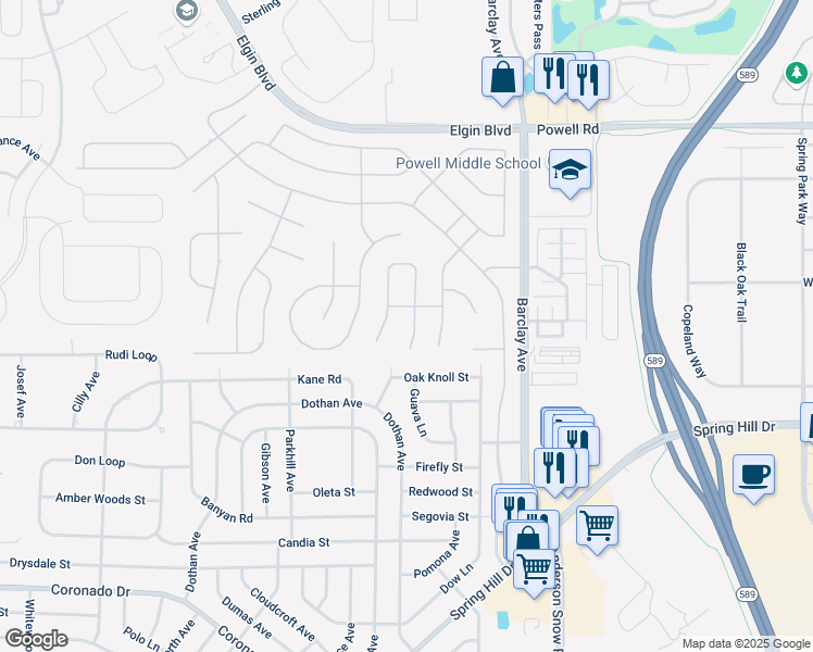 map of restaurants, bars, coffee shops, grocery stores, and more near 3429 Rosebay Court in Spring Hill