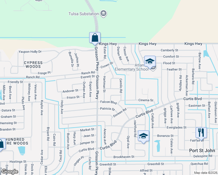map of restaurants, bars, coffee shops, grocery stores, and more near 7215 Madison Street in Cocoa