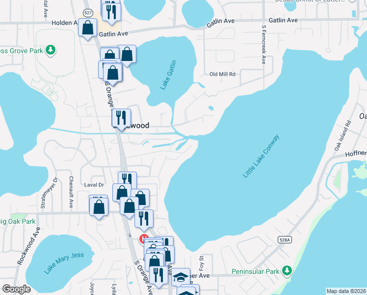map of restaurants, bars, coffee shops, grocery stores, and more near 530 Mandalay Road in Orlando