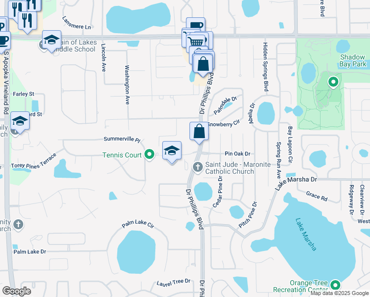 map of restaurants, bars, coffee shops, grocery stores, and more near 8015 Pin Oak Drive in Orlando
