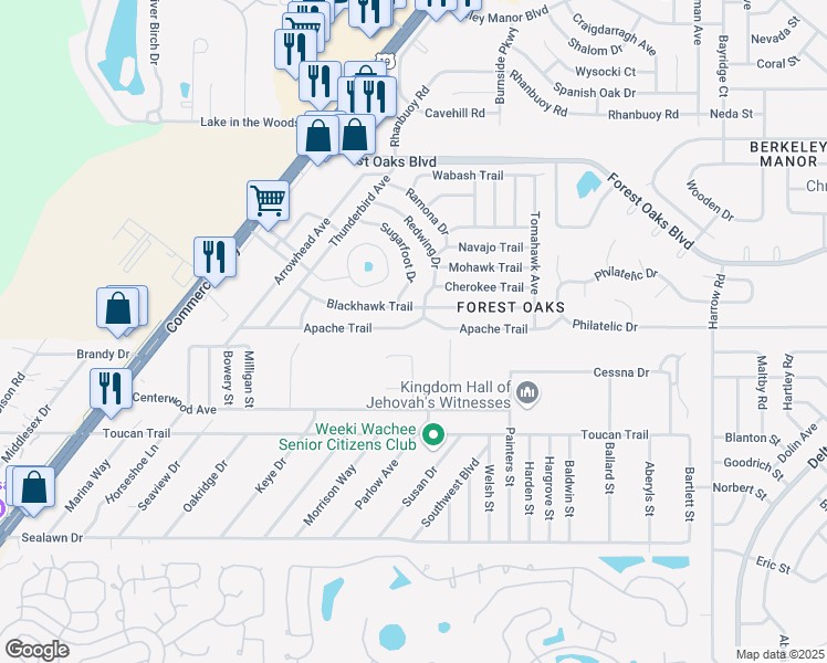 map of restaurants, bars, coffee shops, grocery stores, and more near 7368 Apache Trail in Spring Hill