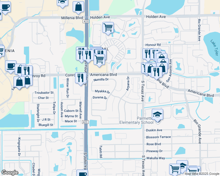 map of restaurants, bars, coffee shops, grocery stores, and more near 2614 Ocilla Court in Orlando