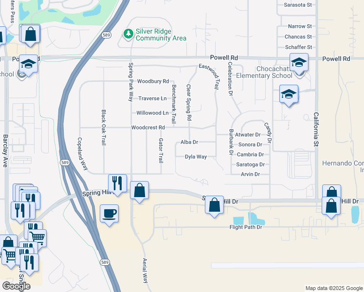 map of restaurants, bars, coffee shops, grocery stores, and more near 15226 Alba Drive in Brooksville