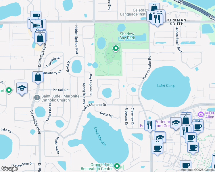 map of restaurants, bars, coffee shops, grocery stores, and more near 7264 Lake Floy Circle in Orlando