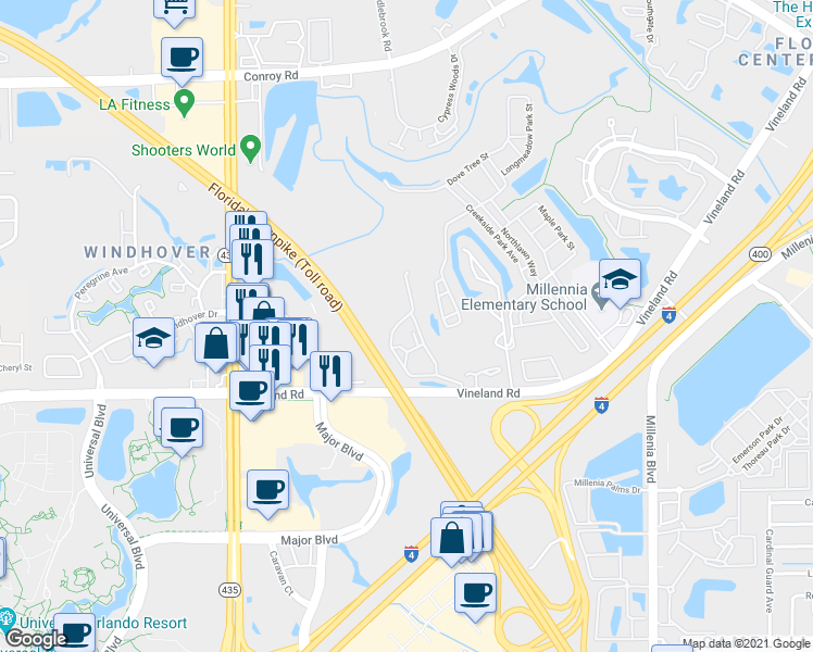 map of restaurants, bars, coffee shops, grocery stores, and more near 5029 Southlawn Avenue in Orlando