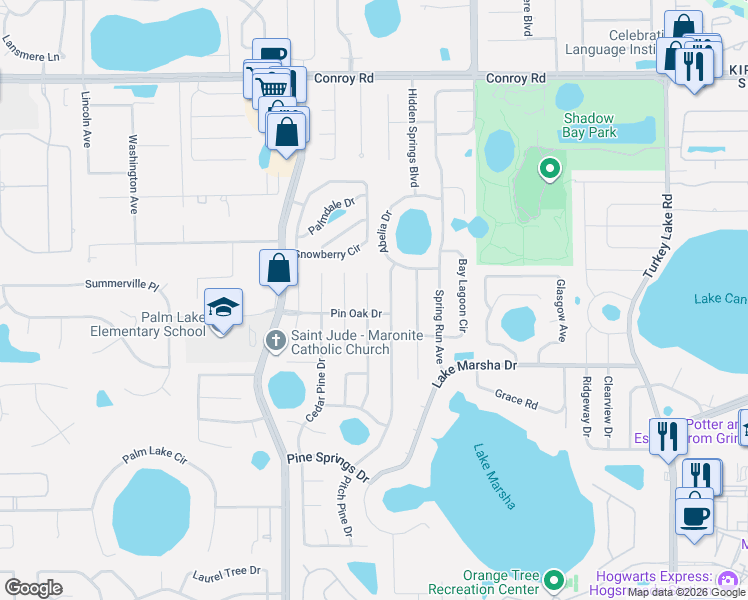map of restaurants, bars, coffee shops, grocery stores, and more near 5464 Pitch Pine Drive in Orlando