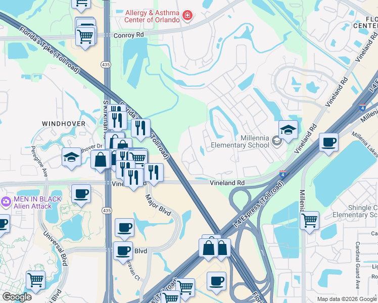 map of restaurants, bars, coffee shops, grocery stores, and more near 5029 Southlawn Avenue in Orlando
