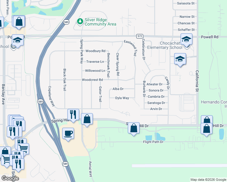 map of restaurants, bars, coffee shops, grocery stores, and more near 15226 Alba Drive in Brooksville