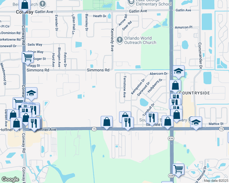map of restaurants, bars, coffee shops, grocery stores, and more near 4732 Petroff Avenue in Orlando