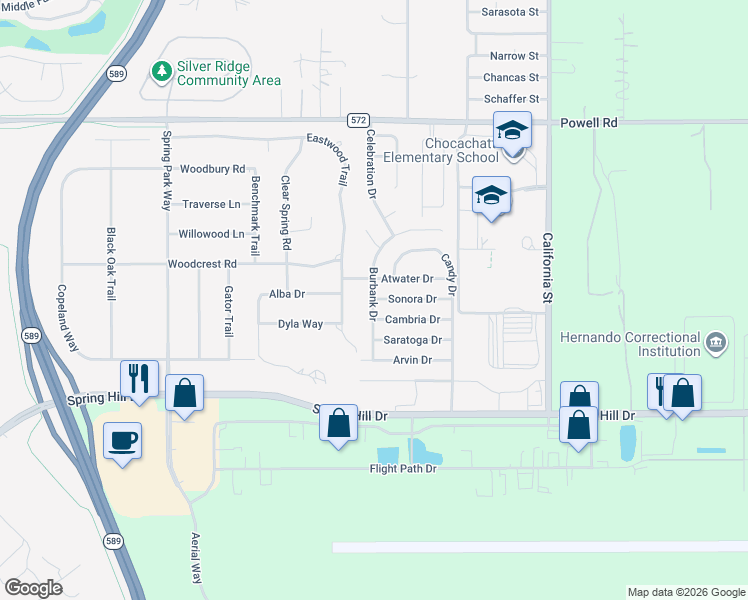 map of restaurants, bars, coffee shops, grocery stores, and more near 15328 Burbank Drive in Spring Hill