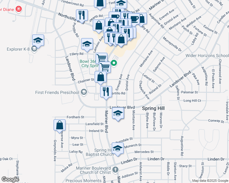 map of restaurants, bars, coffee shops, grocery stores, and more near 3405 Everett Avenue in Spring Hill