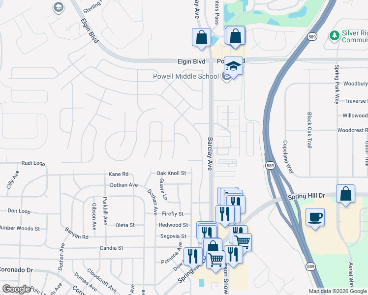 map of restaurants, bars, coffee shops, grocery stores, and more near 14248 Cascora Court in Spring Hill