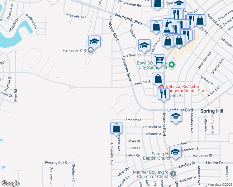 map of restaurants, bars, coffee shops, grocery stores, and more near 2950 Landover Boulevard in Spring Hill