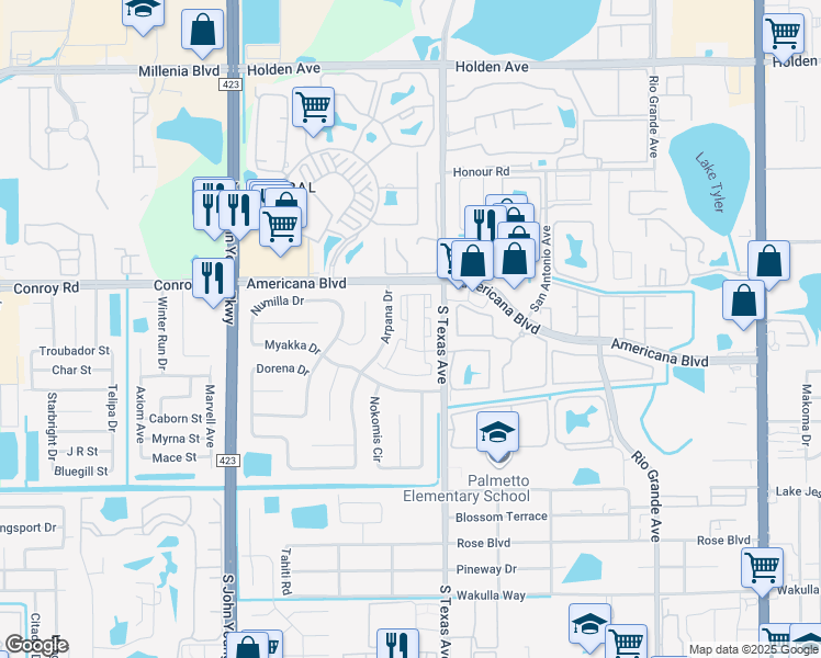 map of restaurants, bars, coffee shops, grocery stores, and more near 5404 Limelight Circle in Orlando