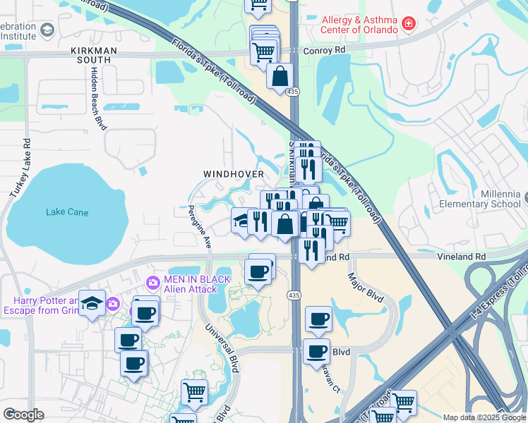 map of restaurants, bars, coffee shops, grocery stores, and more near 5790 Windhover Drive in Orlando