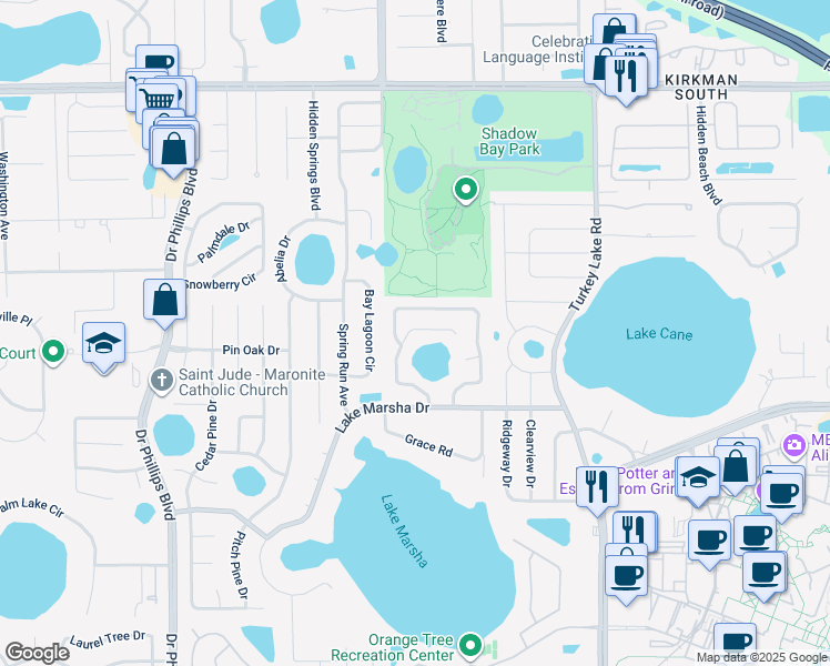 map of restaurants, bars, coffee shops, grocery stores, and more near 7264 Lake Floy Circle in Orlando