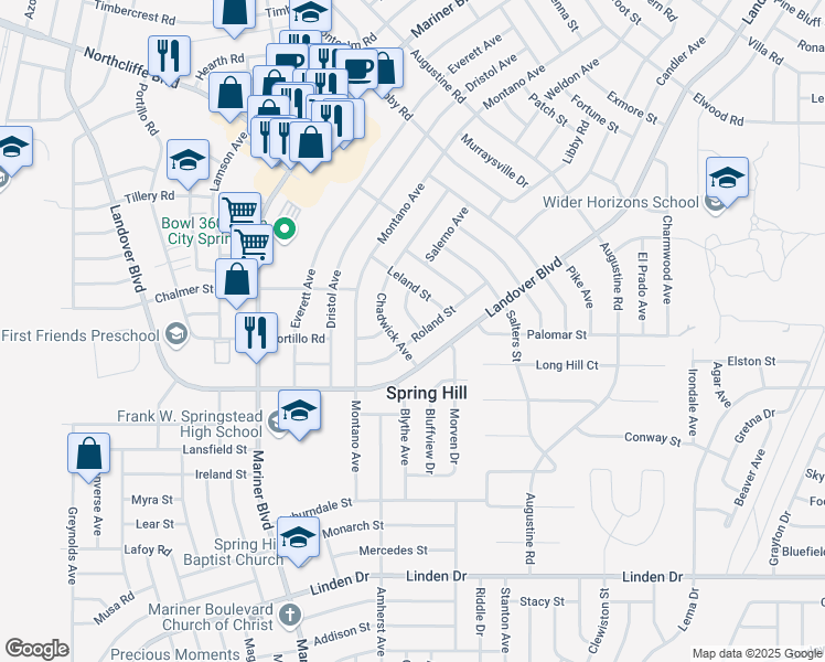 map of restaurants, bars, coffee shops, grocery stores, and more near 3411 Gramercy Lane in Spring Hill