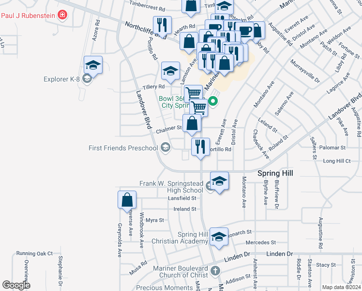map of restaurants, bars, coffee shops, grocery stores, and more near 3544 Portillo Road in Spring Hill