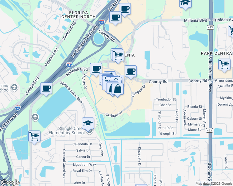 map of restaurants, bars, coffee shops, grocery stores, and more near 4170 Conroy Road in Orlando