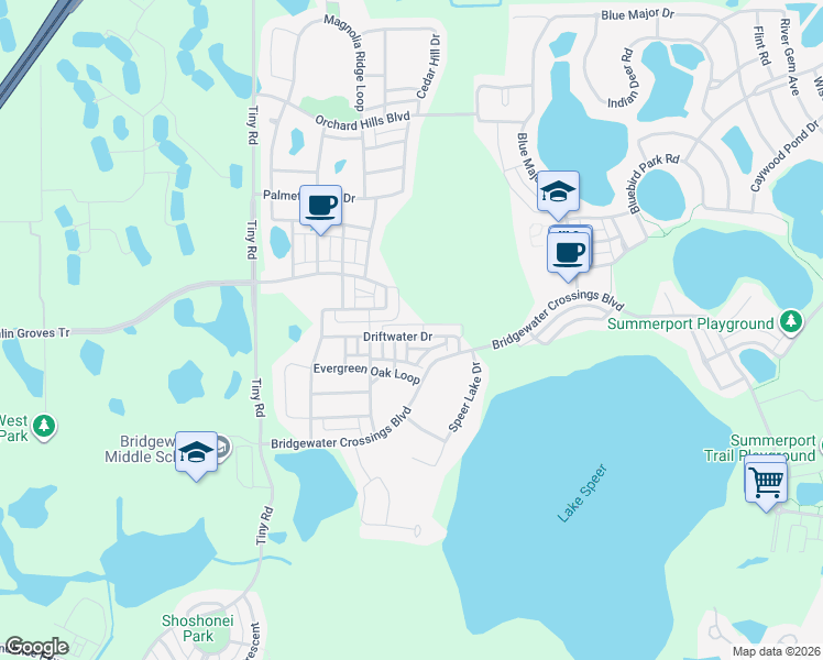 map of restaurants, bars, coffee shops, grocery stores, and more near 14861 Driftwater Drive in Winter Garden