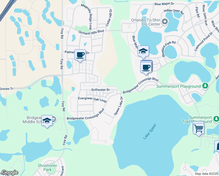map of restaurants, bars, coffee shops, grocery stores, and more near 14809 Driftwater Drive in Winter Garden