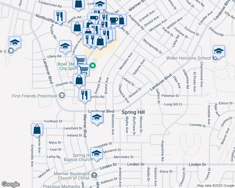 map of restaurants, bars, coffee shops, grocery stores, and more near 11151 Paco Street in Spring Hill