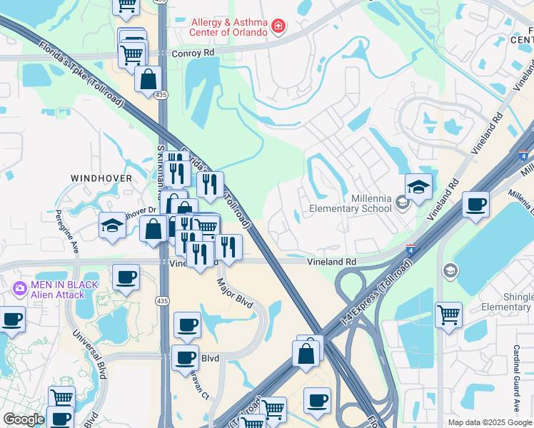 map of restaurants, bars, coffee shops, grocery stores, and more near 5467 Vineland Road in Orlando