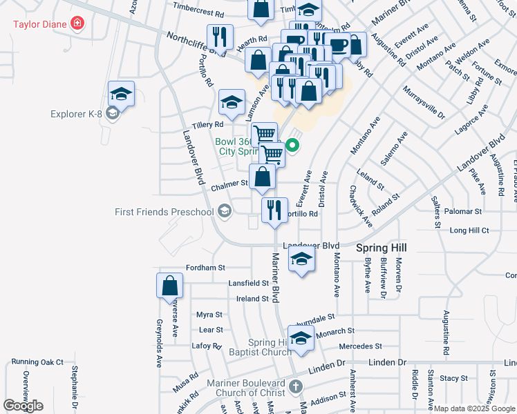 map of restaurants, bars, coffee shops, grocery stores, and more near 3535 Portillo Road in Spring Hill