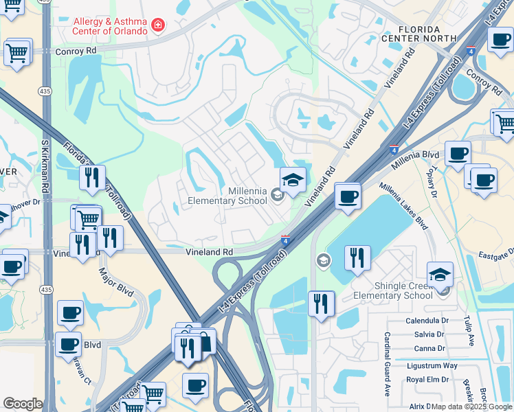 map of restaurants, bars, coffee shops, grocery stores, and more near 5307 Creekside Park Avenue in Orlando