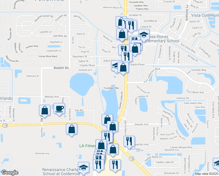 map of restaurants, bars, coffee shops, grocery stores, and more near Tussilago Way in Orange County