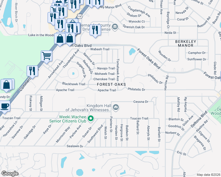 map of restaurants, bars, coffee shops, grocery stores, and more near 7492 Apache Trail in Spring Hill