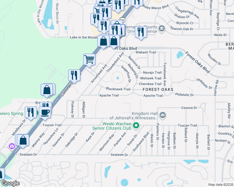 map of restaurants, bars, coffee shops, grocery stores, and more near 7296 Apache Trail in Spring Hill