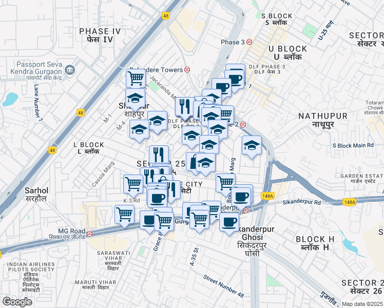 map of restaurants, bars, coffee shops, grocery stores, and more near P-5 P-4 in Gurugram