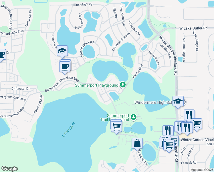 map of restaurants, bars, coffee shops, grocery stores, and more near 5469 Gemgold Court in Windermere