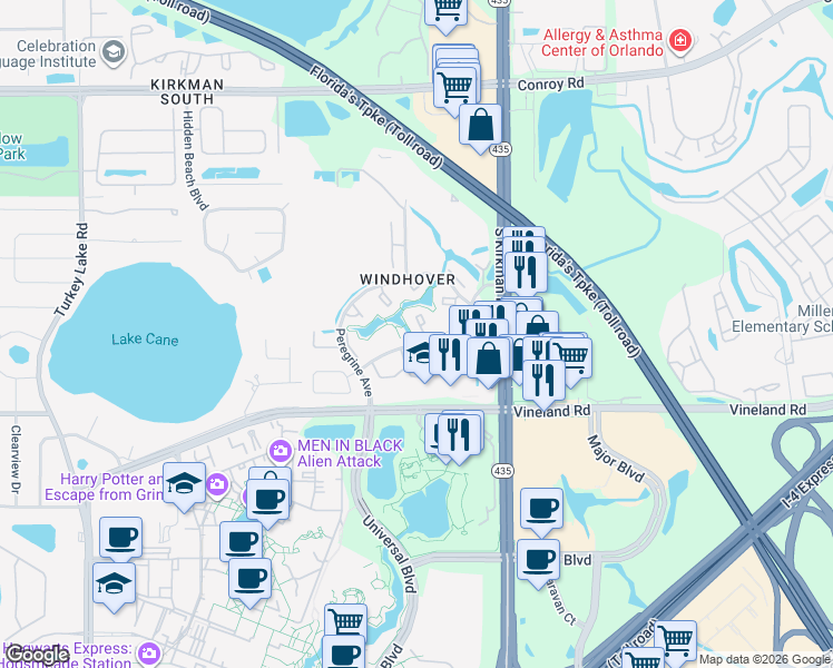 map of restaurants, bars, coffee shops, grocery stores, and more near 5890 Windhover Drive in Orlando