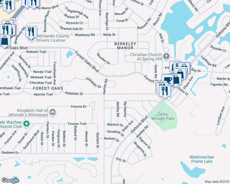 map of restaurants, bars, coffee shops, grocery stores, and more near 8169 Philatelic Drive in Spring Hill