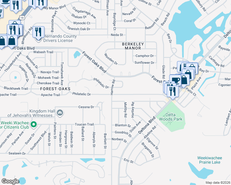 map of restaurants, bars, coffee shops, grocery stores, and more near 8153 Philatelic Drive in Spring Hill