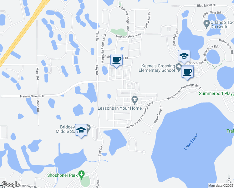 map of restaurants, bars, coffee shops, grocery stores, and more near 5923 Cypress Hill Road in Winter Garden
