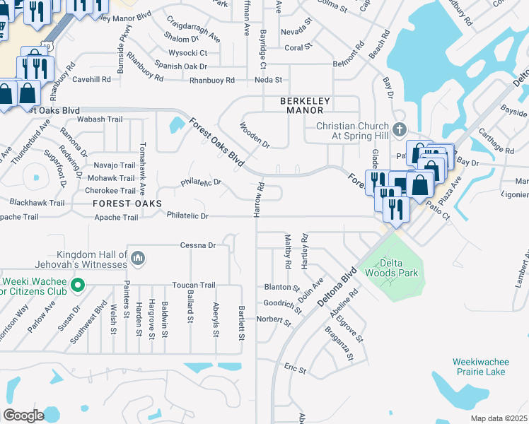 map of restaurants, bars, coffee shops, grocery stores, and more near 8153 Philatelic Drive in Spring Hill