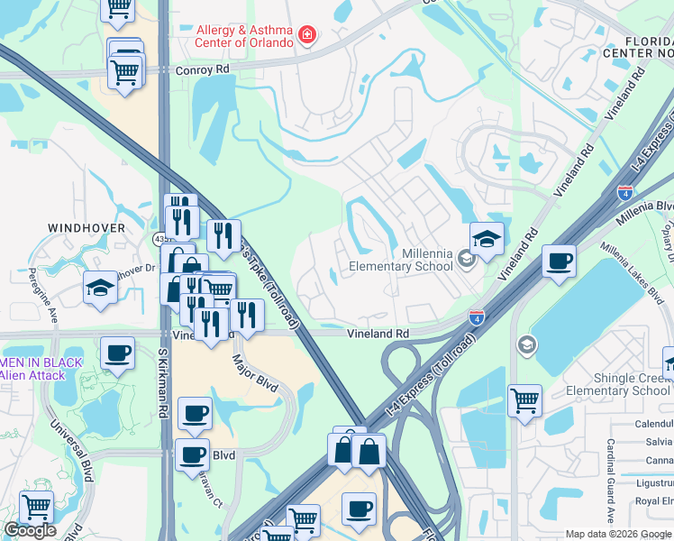 map of restaurants, bars, coffee shops, grocery stores, and more near 4993 Southlawn Avenue in Orlando