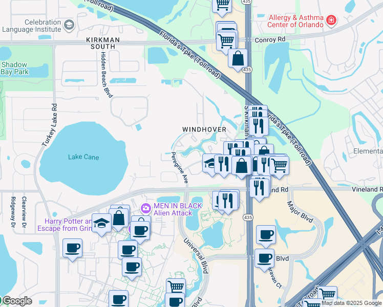 map of restaurants, bars, coffee shops, grocery stores, and more near 6061 Windhover Drive in Orlando
